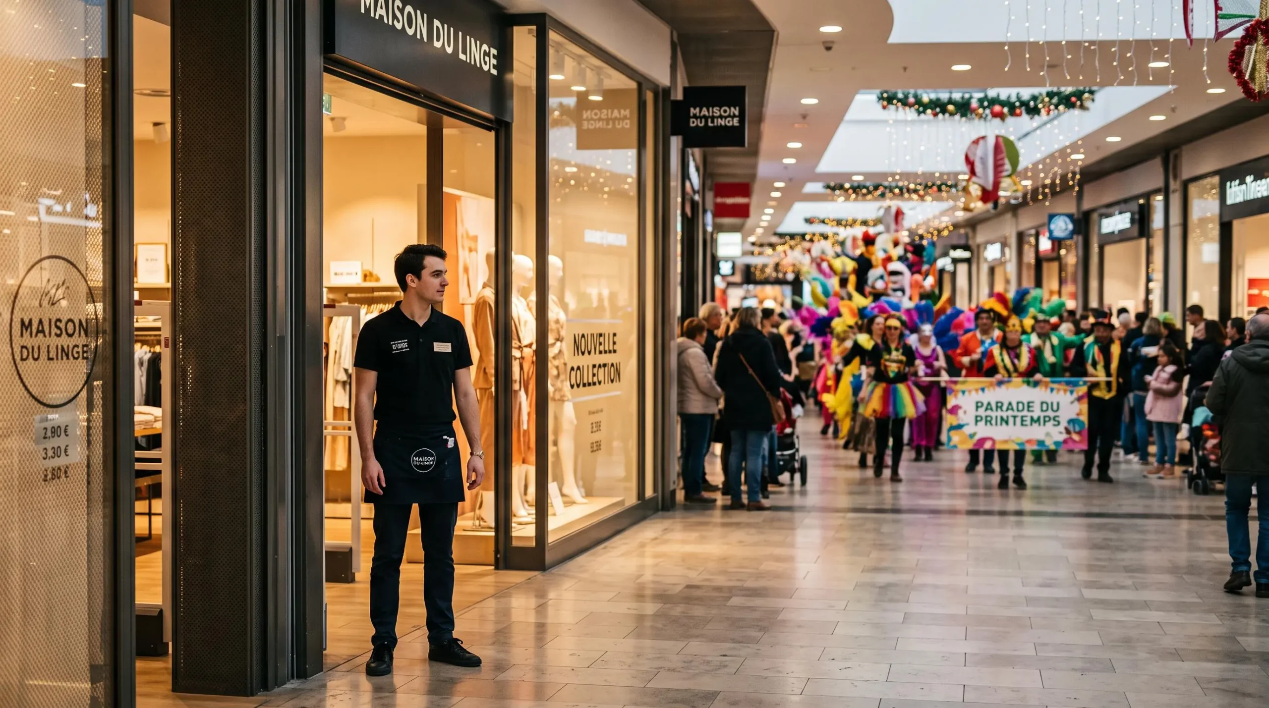 Un employé de boutique regarde la parade passer devant sa vitrine restée dégagée.