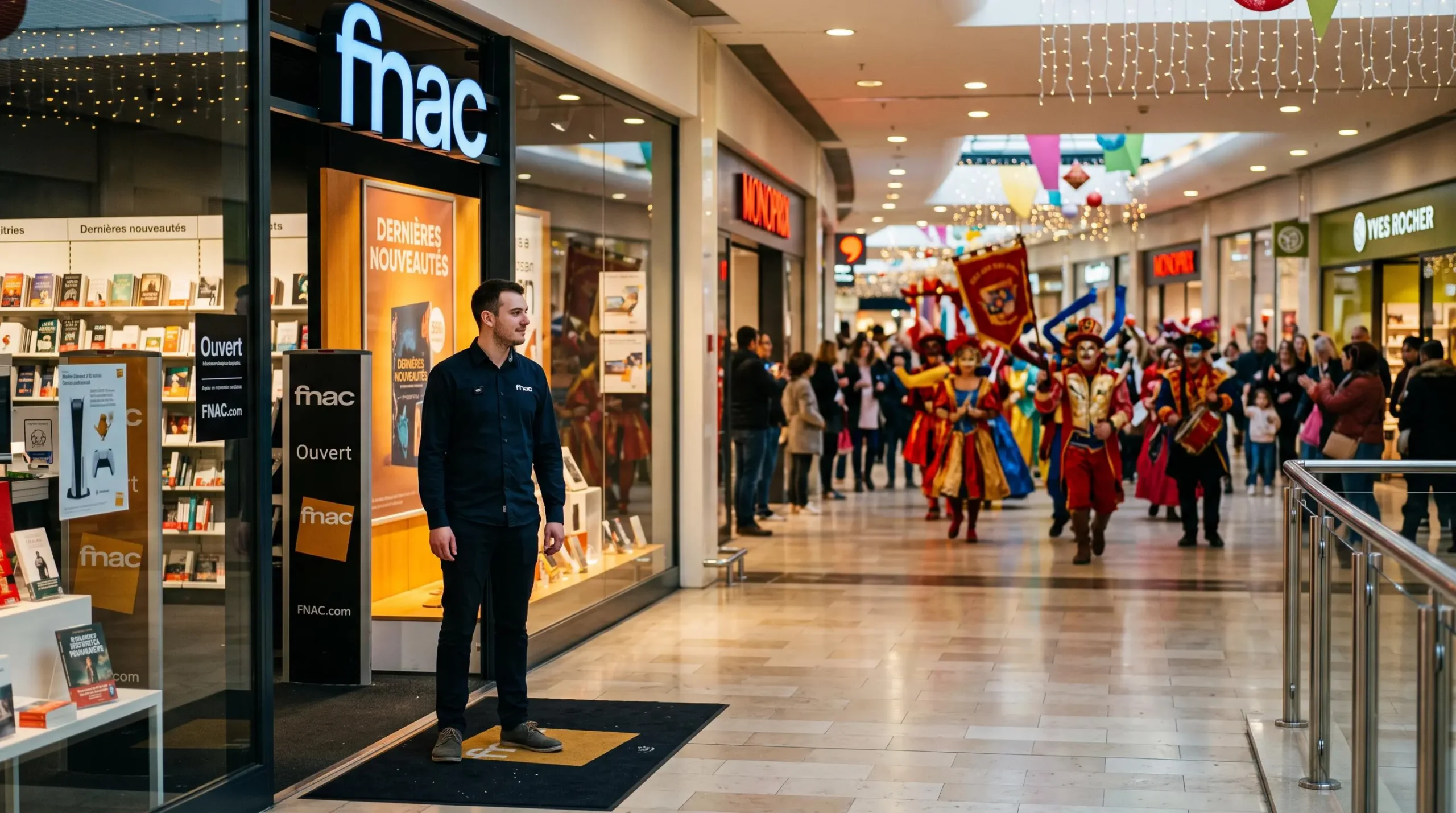 Un employé de boutique regarde la parade passer devant sa vitrine restée dégagée.