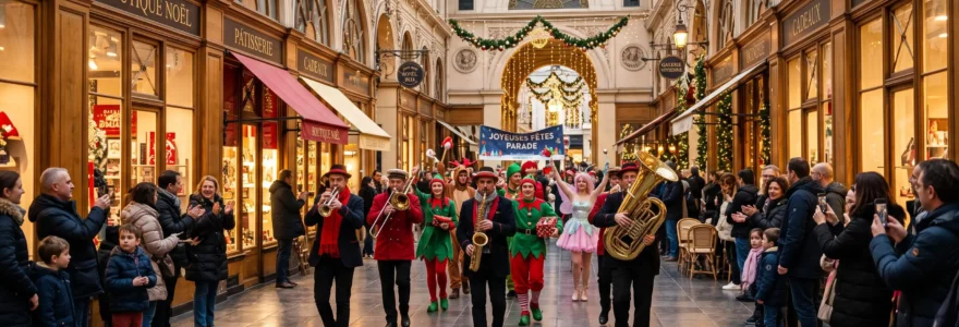 Une parade costumée déambule dans l'allée centrale d'une galerie marchande décorée pour Noël.