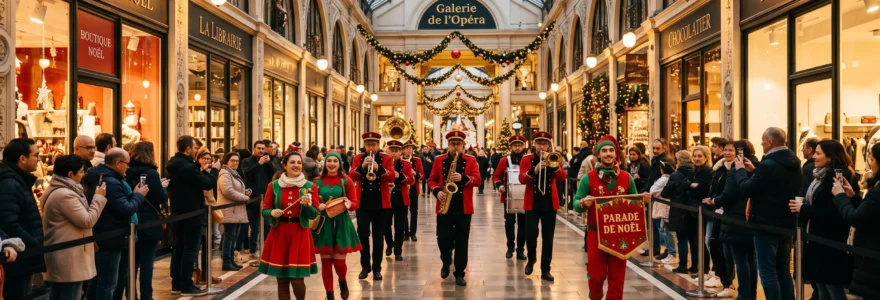 Une parade costumée déambule dans l'allée centrale d'une galerie marchande décorée pour Noël.